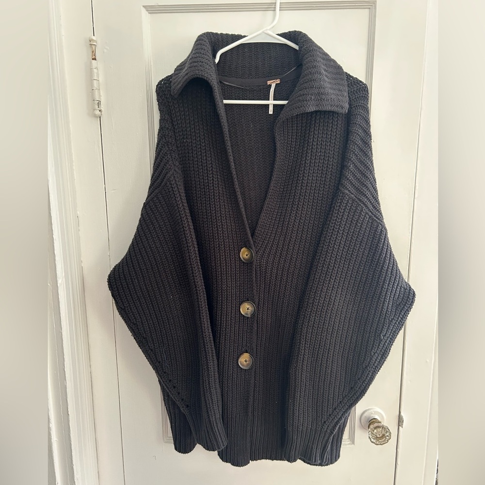 Free People Chunky Knit Black Oversized Cardigan OS